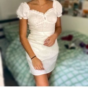 White Ribbed Cottage Core Picnic Short Sleeve Summer Beach Vacation Minidress